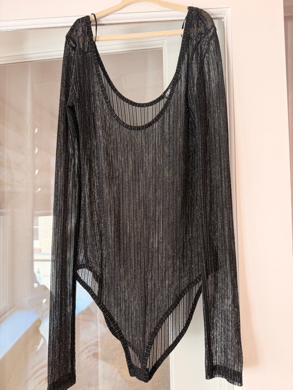 Zara Black Metallic Sheer Long-Sleeve Bodysuit